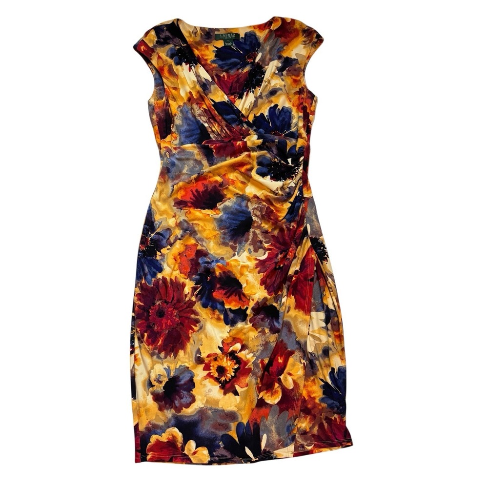 Lauren Ralph Lauren faux Wrap dress Floral Fall Office Classy Women's SZ 6 Blue